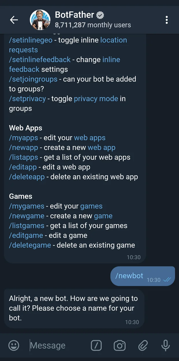 Sending /newbot to BotFather and choosing a name and username.