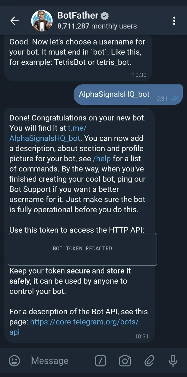 BotFather replies with the bot token for your new bot.