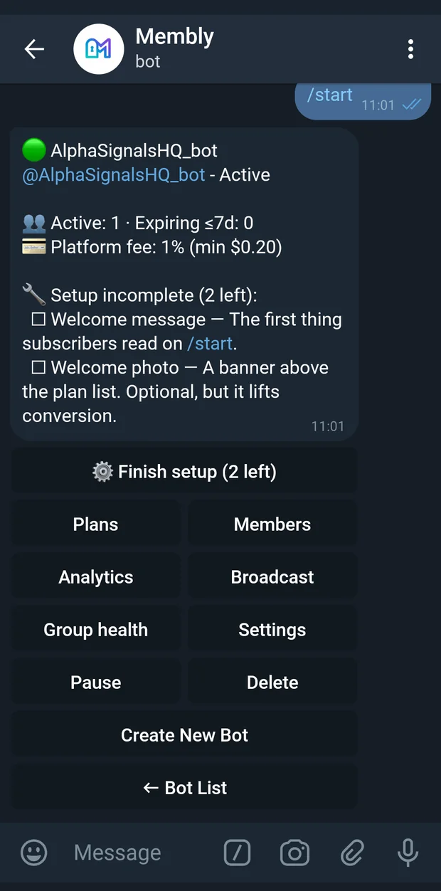 The bot dashboard with its at-a-glance summary and action buttons.