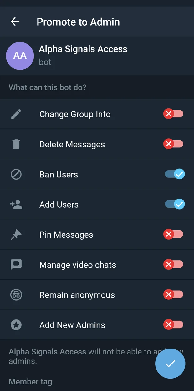 The bot promoted to administrator with Invite Users via Link and Ban Users enabled.