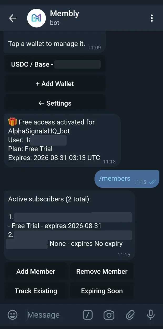 The member list with its six actions.