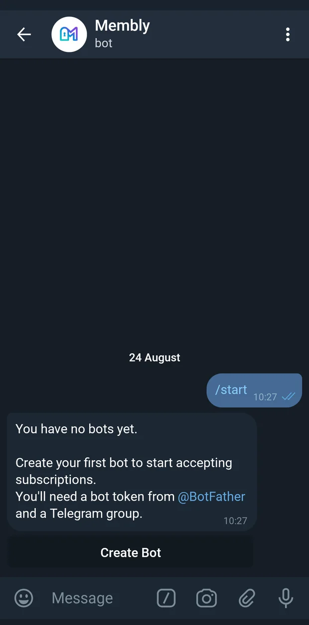 The empty bot list, shown before you have created your first bot.