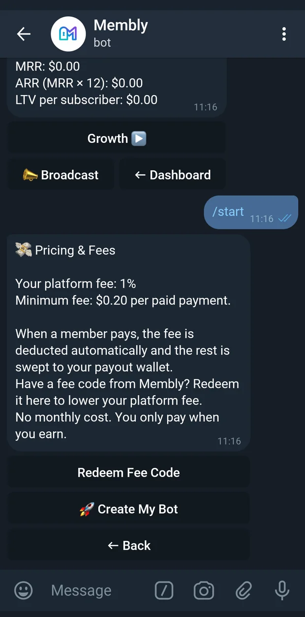 The Pricing and Fees screen showing your effective platform fee.