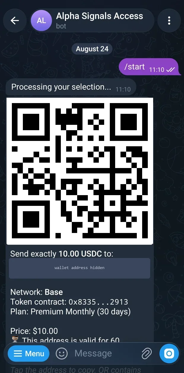 The payment screen: QR code, deposit address, amount, network and validity window.