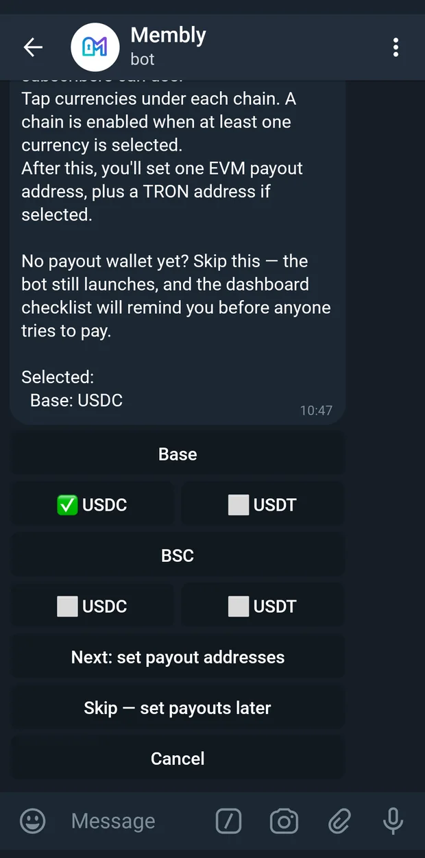 Toggling which chain and currency combinations your members can pay with.