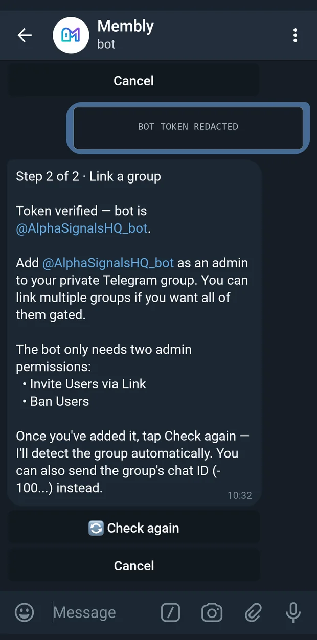 Step 2 of 2 waits for the bot to be added to your group as an admin.