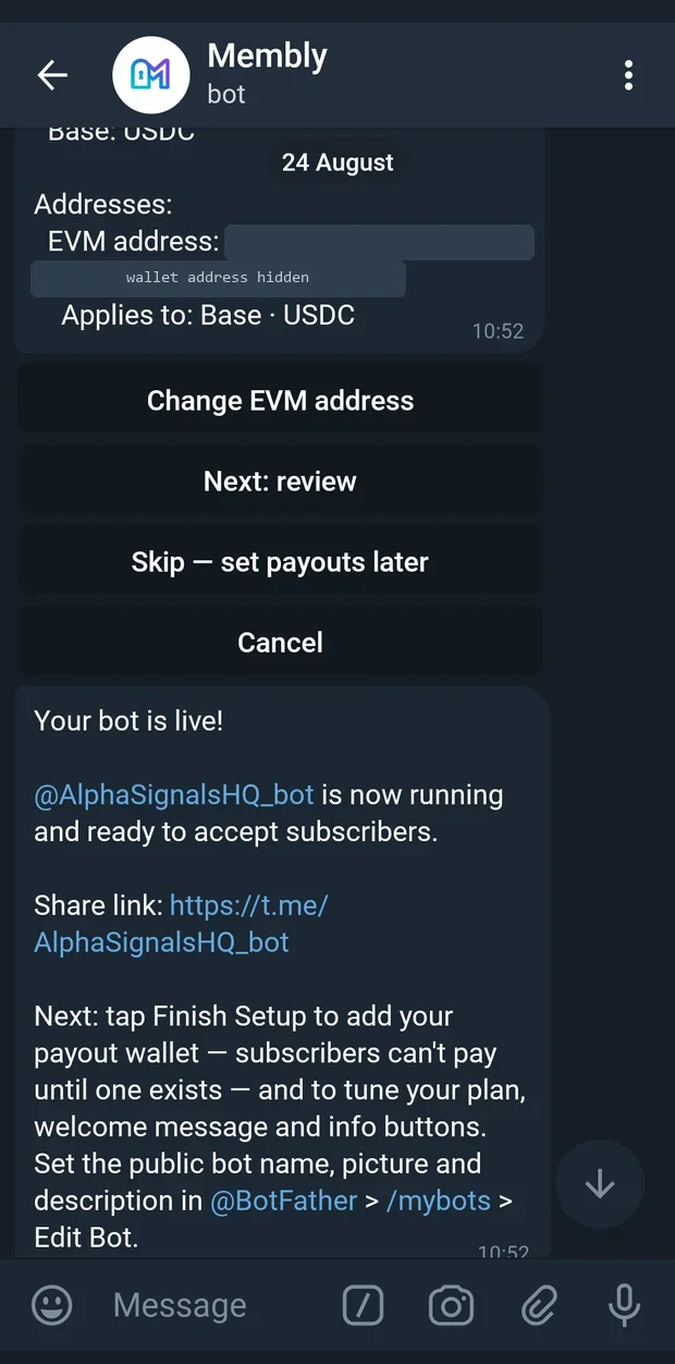 The end of the setup wizard, when the child bot goes live.