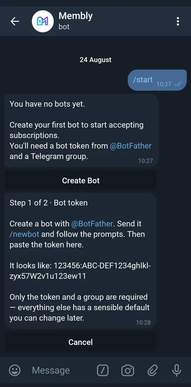 Step 1 of 2 asks for the bot token from BotFather.